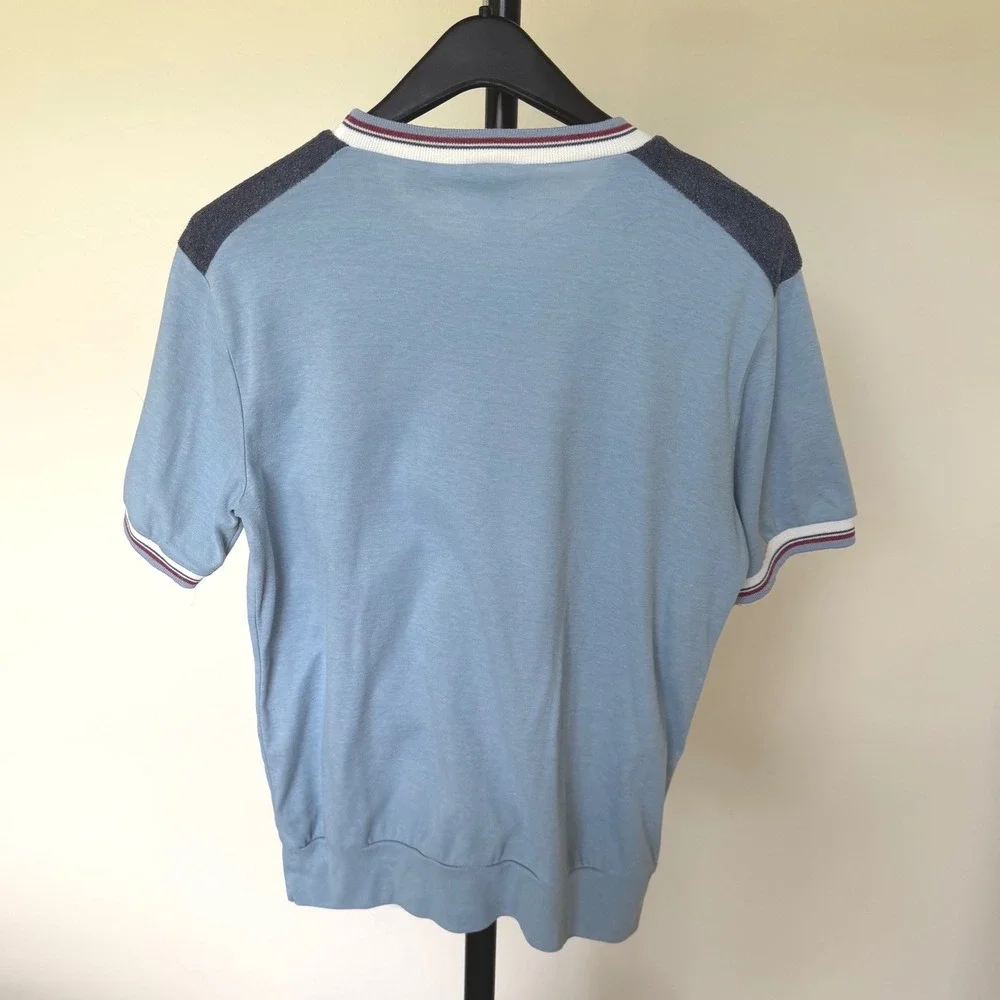 60's Thumbs Up Sears Blue Knit Shirt‎ Terry Shoulder Colorblock Large Distressed